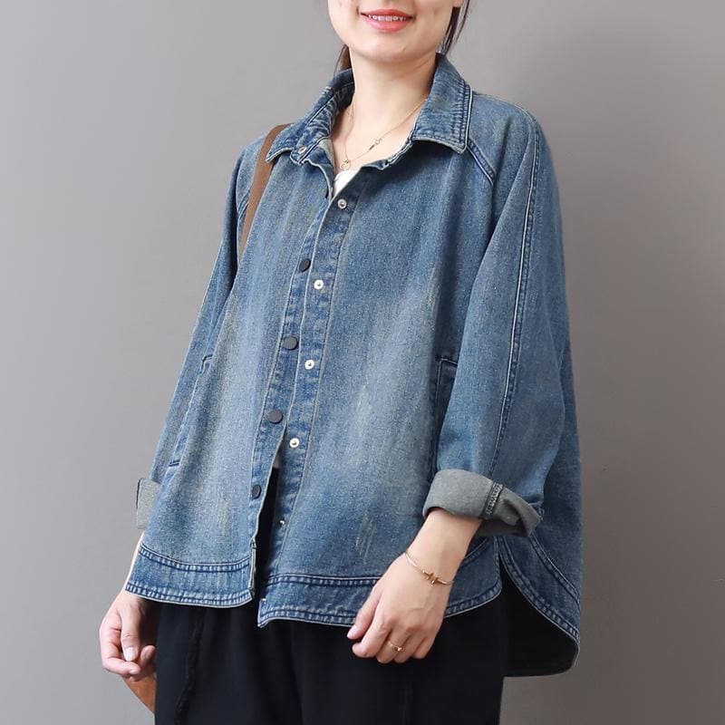 2019 autumn new casual denim blue cotton short coats plus size lapel collar wild tops coat dylinoshop