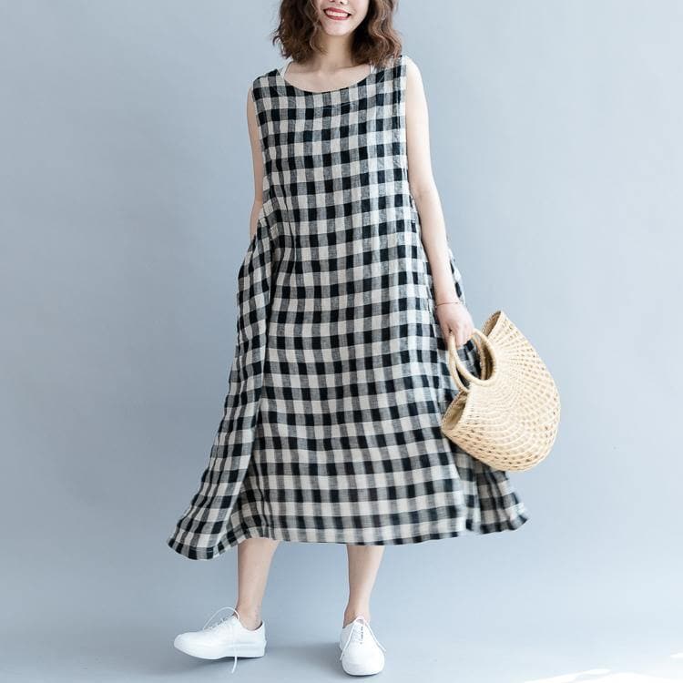 2019 black Plaid linen cotton shift dresses fine Sleeveless baggy dresses O neck Cinched cotton dress dylinoshop