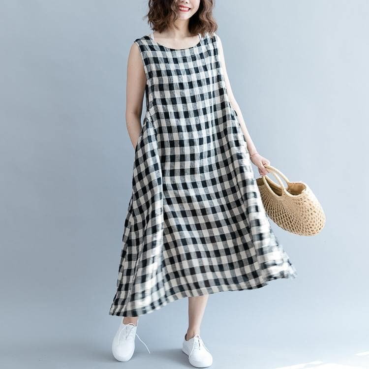 2019 black Plaid linen cotton shift dresses fine Sleeveless baggy dresses O neck Cinched cotton dress dylinoshop