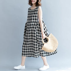 2019 black Plaid linen cotton shift dresses fine Sleeveless baggy dresses O neck Cinched cotton dress dylinoshop