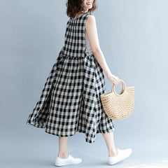 2019 black Plaid linen cotton shift dresses fine Sleeveless baggy dresses O neck Cinched cotton dress dylinoshop