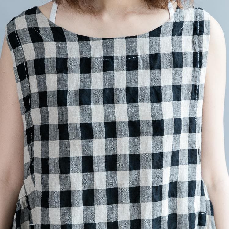 2019 black Plaid linen cotton shift dresses fine Sleeveless baggy dresses O neck Cinched cotton dress dylinoshop