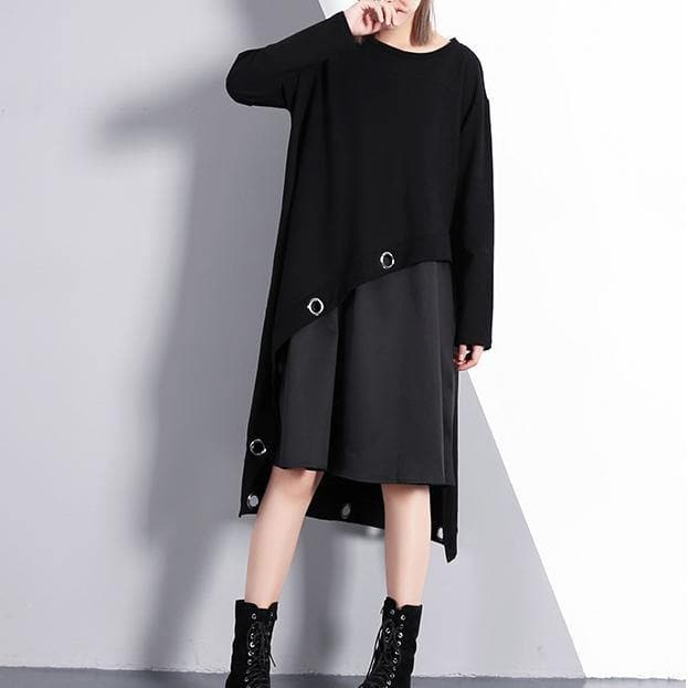 2019 black cotton blended oversize traveling dress two pieces asymmetric New O neck midi dress dylinoshop