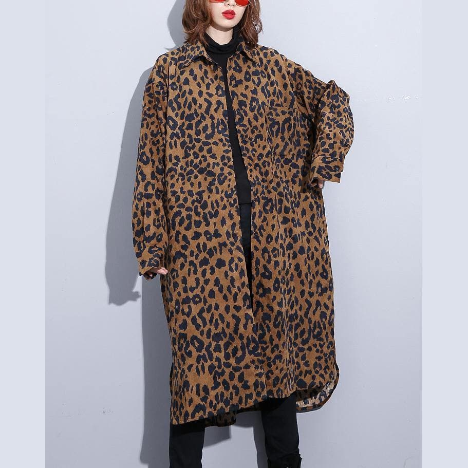 2019 chocolate Leopard coat plus size clothing dress side open casual Turn-down Collar Button coat dylinoshop