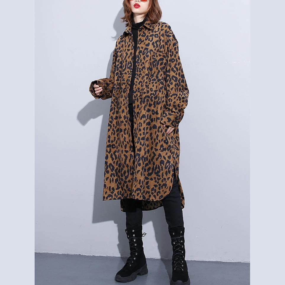 2019 chocolate Leopard coat plus size clothing dress side open casual Turn-down Collar Button coat dylinoshop