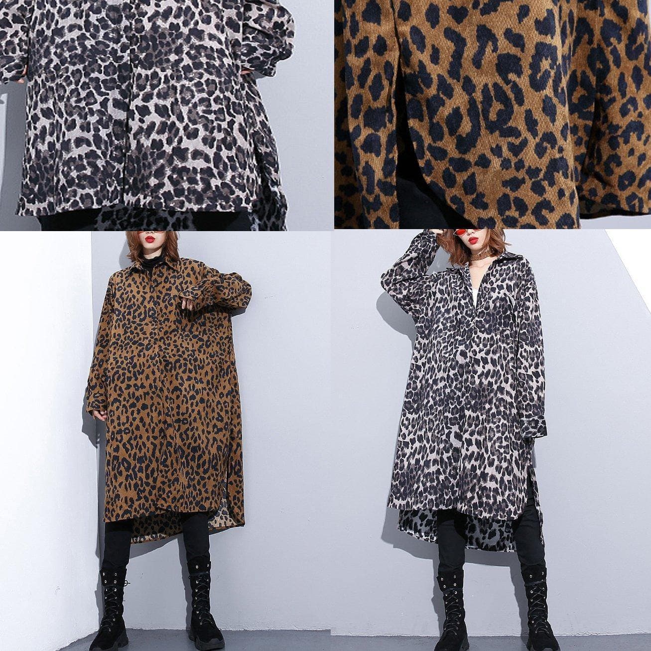 2019 chocolate Leopard coat plus size clothing dress side open casual Turn-down Collar Button coat dylinoshop