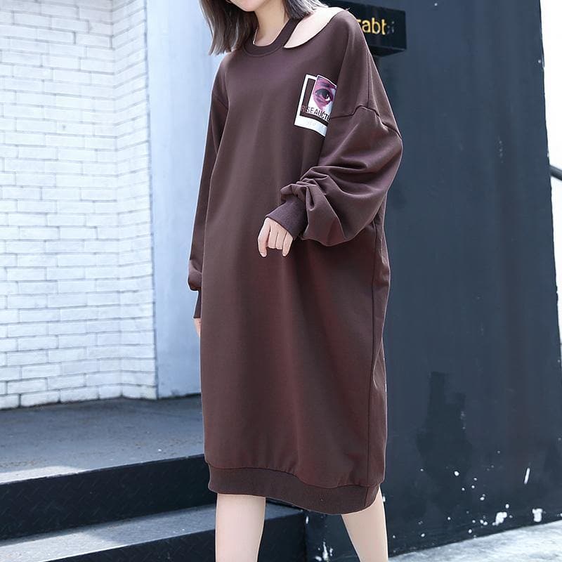 2019 chocolate print cotton blended knee dress plus size casual baggy dresses Fine Asymmetrical collar knee dresses dylinoshop