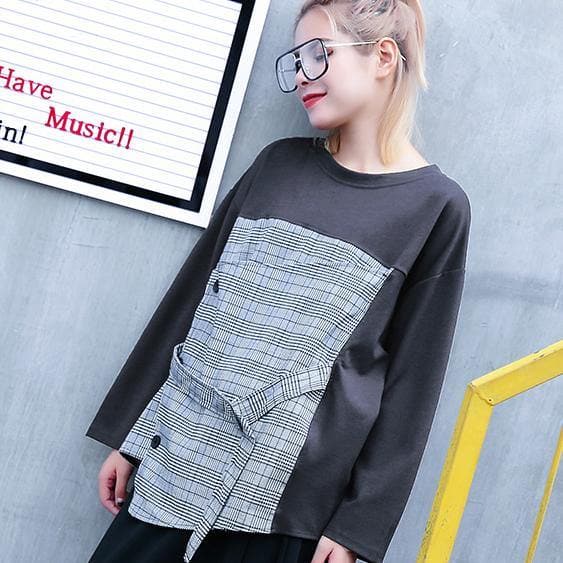 2018 gray Plaid tops trendy plus size O neck casual New patchwork asymmetric cotton tops dylinoshop