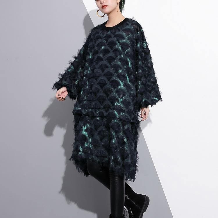 2018 green Midi-length silk polyester dress Loose fitting shirt dress New tassel long sleeve dresses dylinoshop