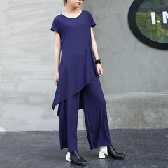 2018 new fashion cotton two pieces casual asymmetric hem tops and elastic waist wide leg pants dylinoshop