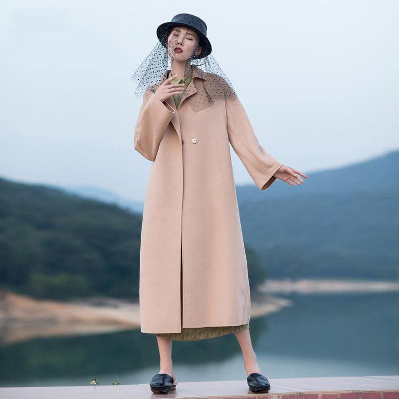 2018 nude pink wool coat plus size tie waist Winter coat lapel collar jacket dylinoshop