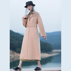 2018 nude pink wool coat plus size tie waist Winter coat lapel collar jacket dylinoshop