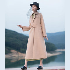 2018 nude pink wool coat plus size tie waist Winter coat lapel collar jacket dylinoshop