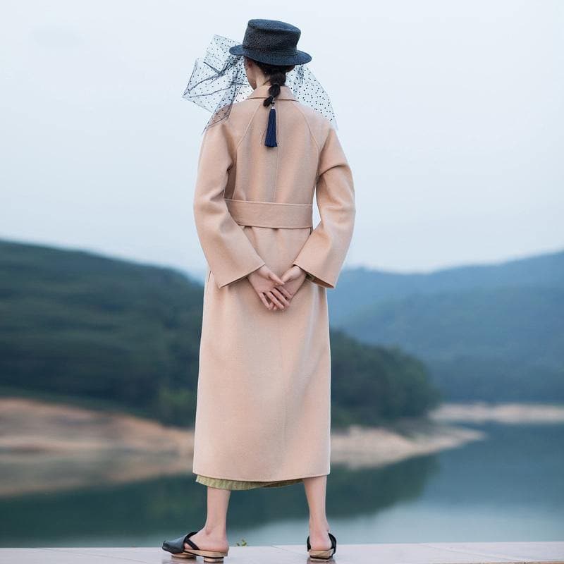 2018 nude pink wool coat plus size tie waist Winter coat lapel collar jacket dylinoshop