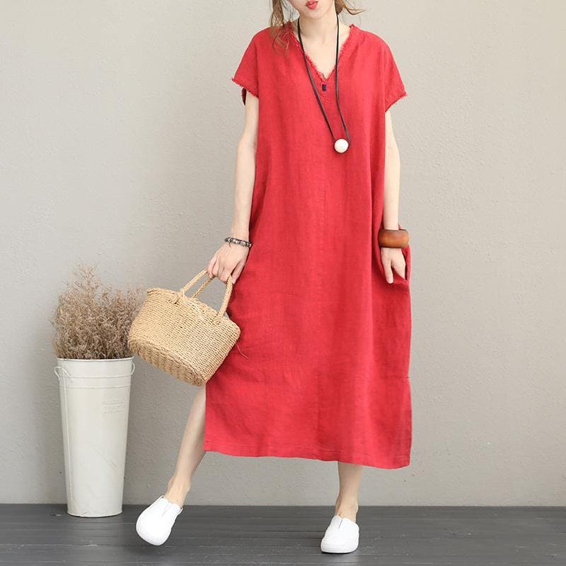 2018 red natural cotton dress casual v neck traveling dress Elegant side open maxi dresses dylinoshop