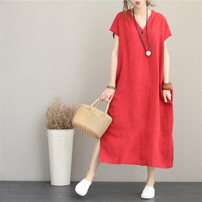 2018 red natural cotton dress casual v neck traveling dress Elegant side open maxi dresses dylinoshop