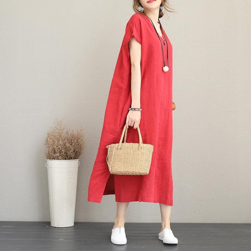 2018 red natural cotton dress casual v neck traveling dress Elegant side open maxi dresses dylinoshop