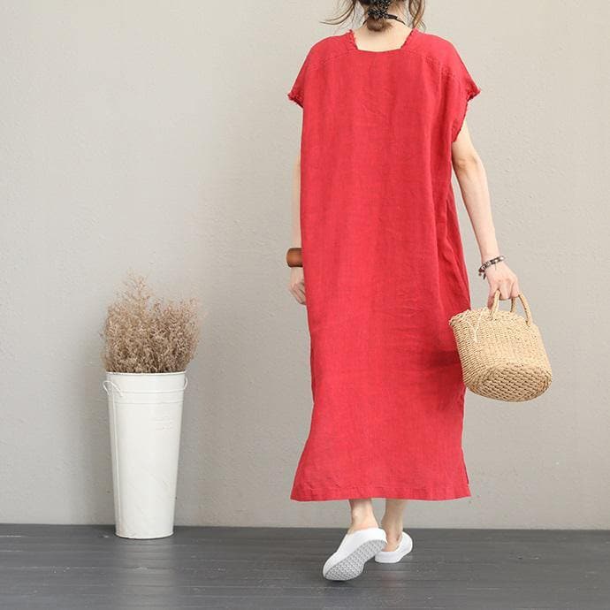 2018 red natural cotton dress casual v neck traveling dress Elegant side open maxi dresses dylinoshop