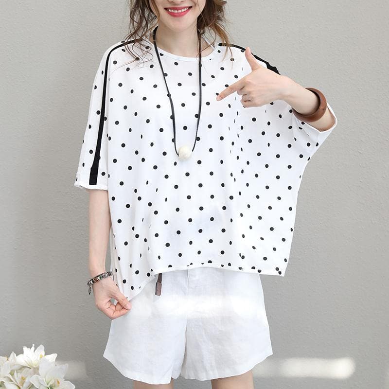 2018 white cotton tops plus size shirts Fine batwing sleeve dotted cotton tops dylinoshop