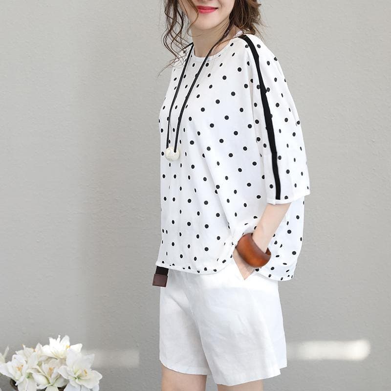 2018 white cotton tops plus size shirts Fine batwing sleeve dotted cotton tops dylinoshop