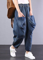 2019 autumn old casual pants big pockets denim blue harem pants dylinoshop