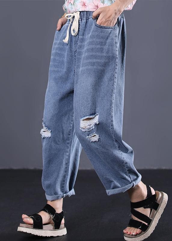 2019 new denim blue plus size pants elastic waist drawstring ripped Jeans dylinoshop