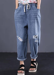 2019 new denim blue plus size pants elastic waist drawstring ripped Jeans dylinoshop