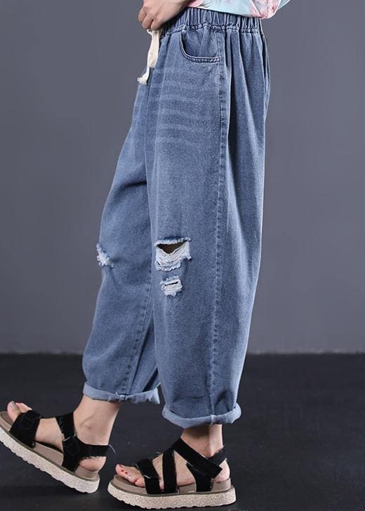 2019 new denim blue plus size pants elastic waist drawstring ripped Jeans dylinoshop