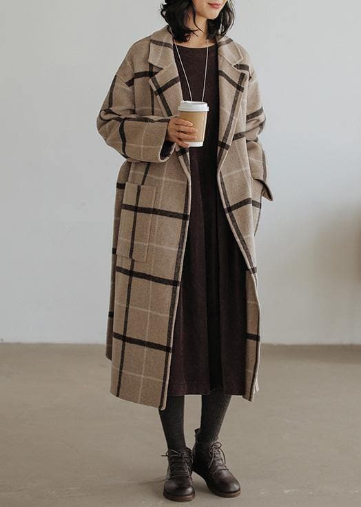 2019 plaid wool coat plus size Notched pockets long woolen outwear dylinoshop