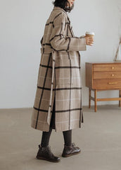 2019 plaid wool coat plus size Notched pockets long woolen outwear dylinoshop