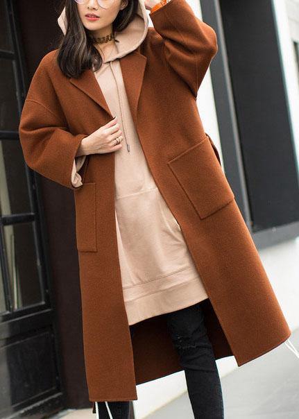 2019 plus size medium length coat Notched coat brown tie waist side open Woolen Coat Women dylinoshop