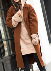 2019 plus size medium length coat Notched coat brown tie waist side open Woolen Coat Women dylinoshop