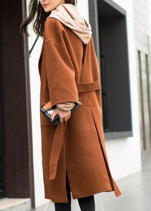 2019 plus size medium length coat Notched coat brown tie waist side open Woolen Coat Women dylinoshop