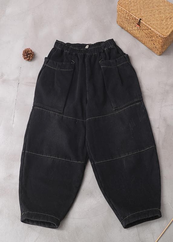 2019 winter black patchwork cotton pants two pockets thick denim pants dylinoshop