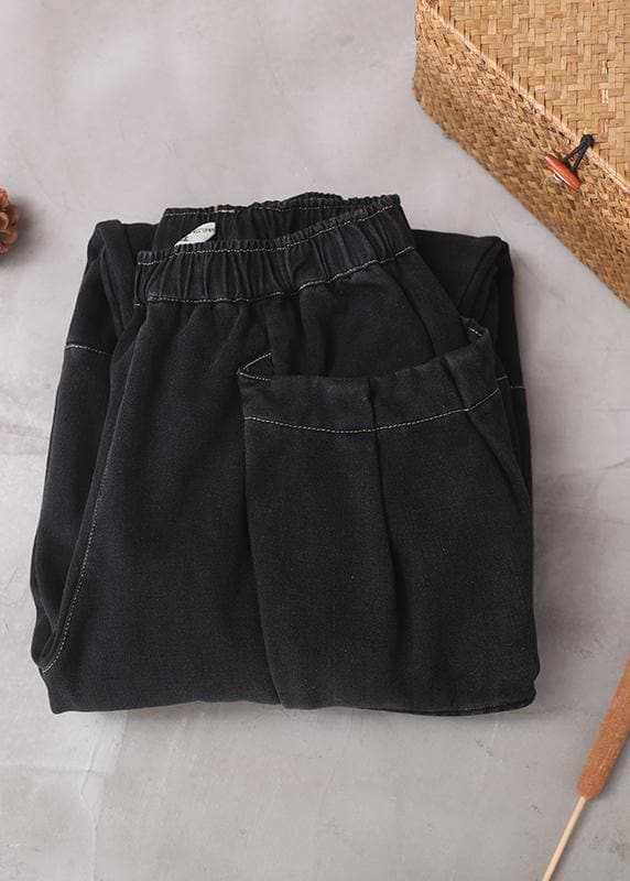 2019 winter black patchwork cotton pants two pockets thick denim pants dylinoshop