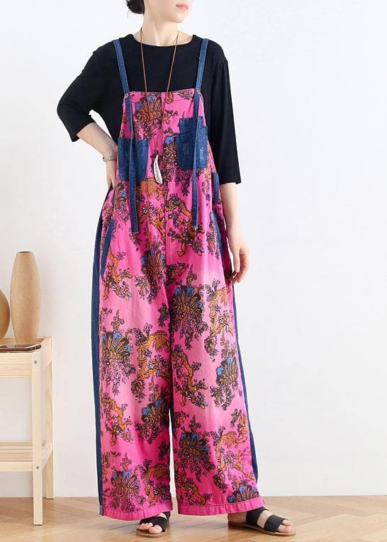 2021 retro national style rose printed loose denim overalls dylinoshop