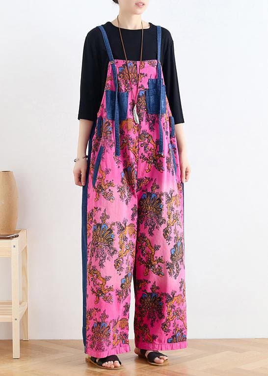 2021 retro national style rose printed loose denim overalls dylinoshop