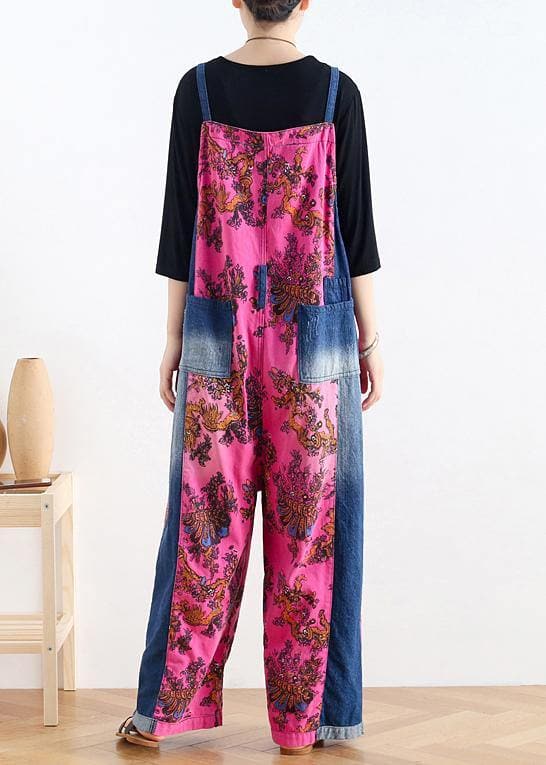 2021 retro national style rose printed loose denim overalls dylinoshop