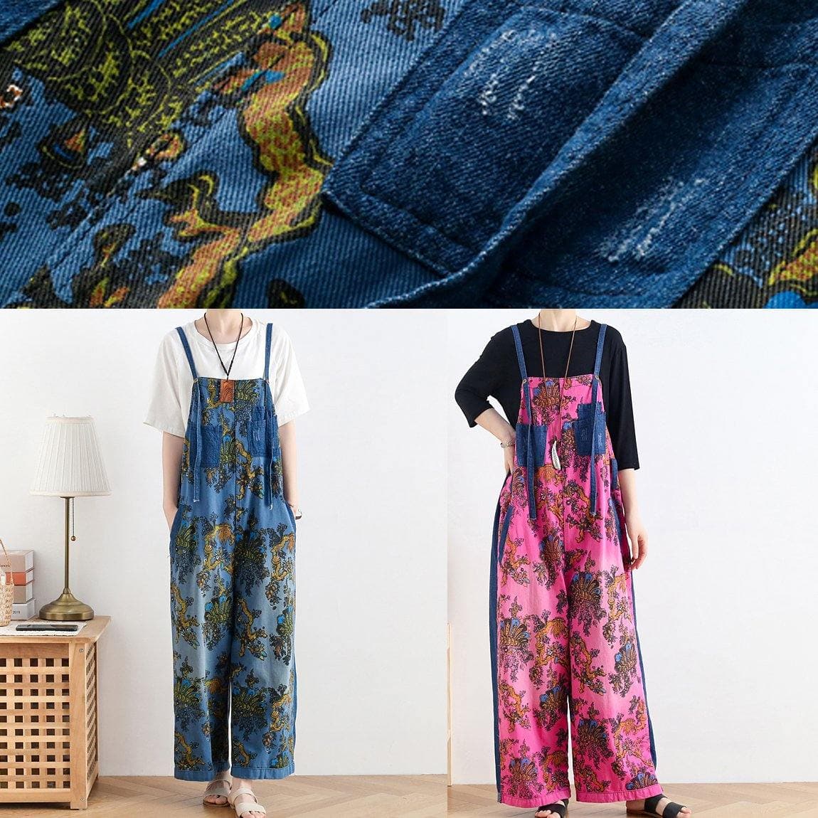 2021 retro national style rose printed loose denim overalls dylinoshop