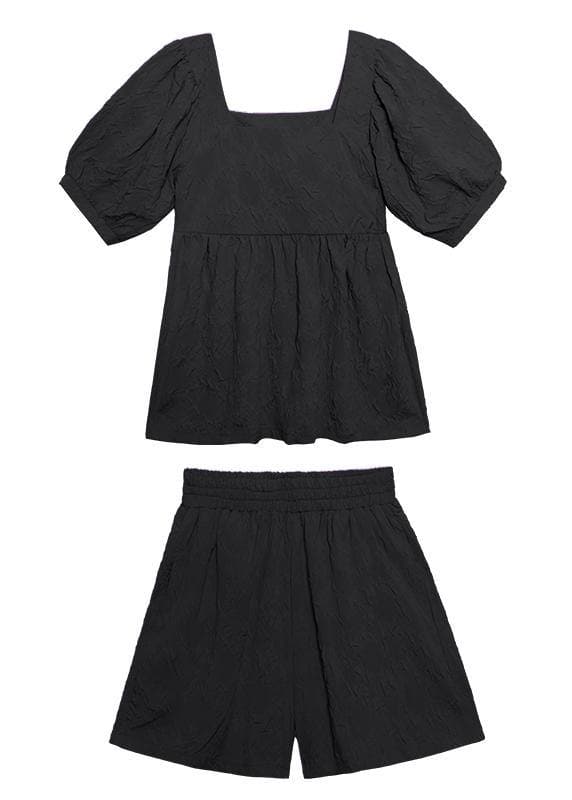 2021 women's summer fashion western style bubble sleeve black top and shorts two-pieces dylinoshop