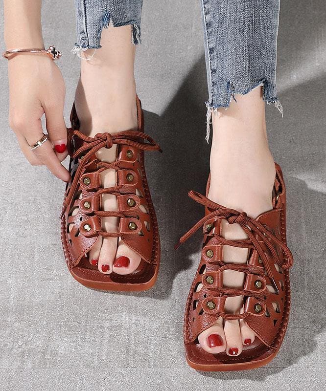 2021 Chocolate Lace Up Flat Sandals Cowhide Leather dylinoshop