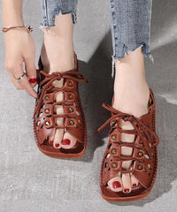 2021 Chocolate Lace Up Flat Sandals Cowhide Leather dylinoshop