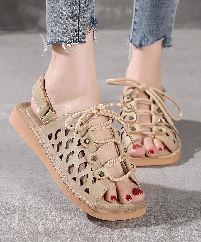 2021 Chocolate Lace Up Flat Sandals Cowhide Leather dylinoshop