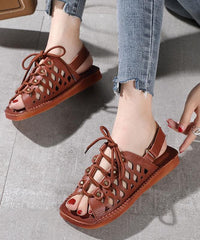 2021 Chocolate Lace Up Flat Sandals Cowhide Leather dylinoshop