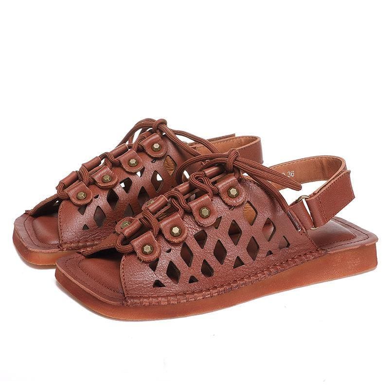 2021 Chocolate Lace Up Flat Sandals Cowhide Leather dylinoshop