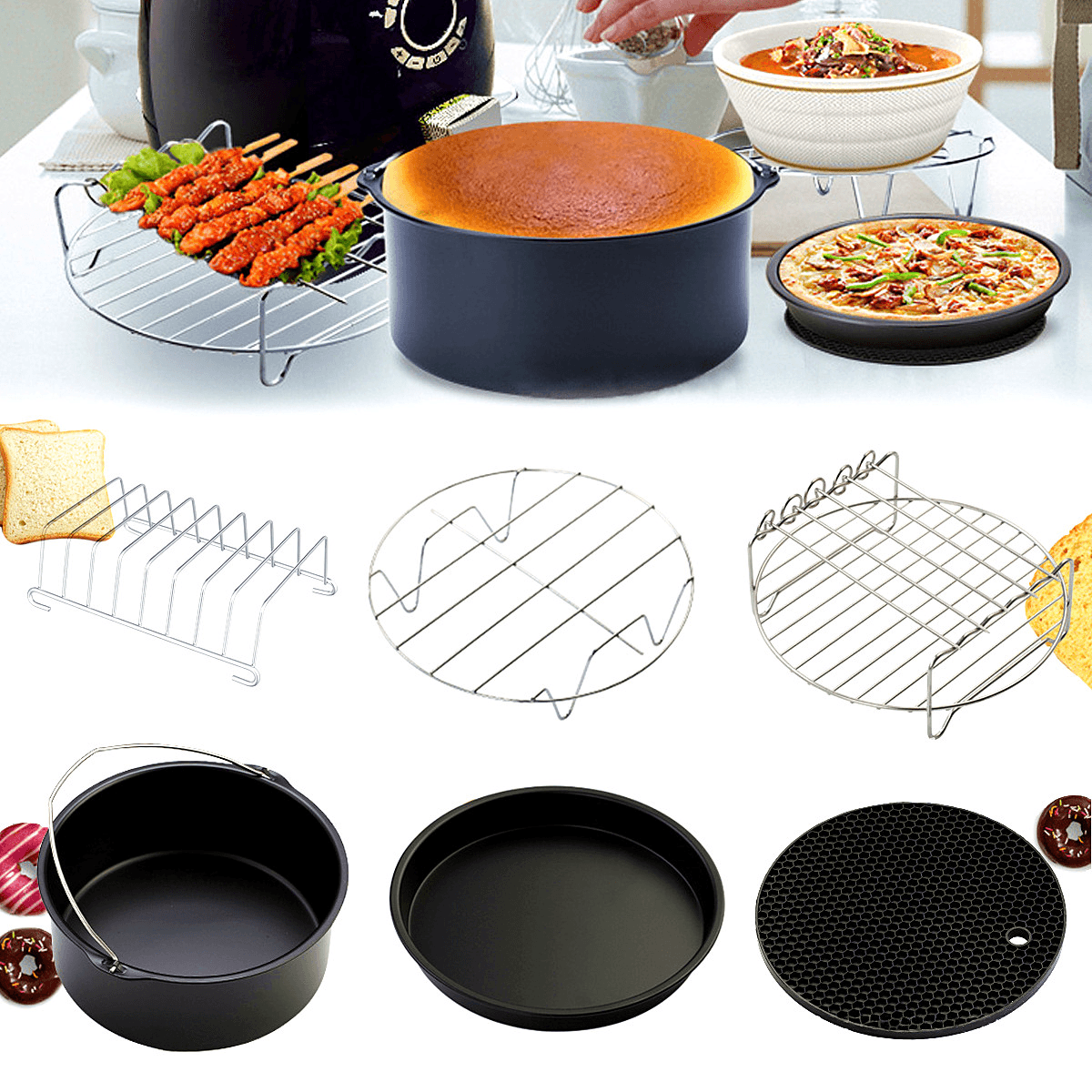 7" 6Pcs Set Healthy Air Fryer Accessories Cake Pizza Barbecue Rack Pot Holder Baking Cooling Rack Trendha