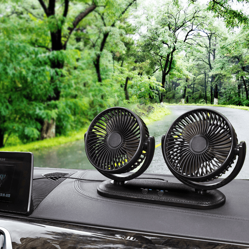 12/24V Portable Mini Car Fan Dual Head 360 Degree All-Round Adjustable Auto Air Cooling Usb Fans Quiet Small Desktop Fan dylinoshop