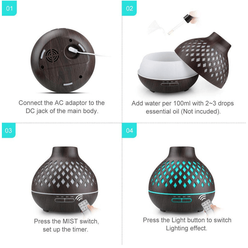 400Ml Mini Humidifier Wood Grain Aroma Essential Oil Diffuser USB Ultrasonic Smooth Fog Mist Maker Remote Control Trendha