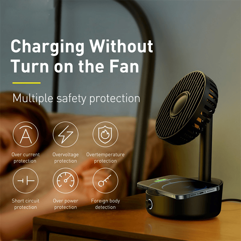 Baseus BS-W513 Desktop Fan Portable Shaking Fan Support 10W Wireless Charger Low Noise Rechargeable 3 Mode Air Cooling Fan Trendha