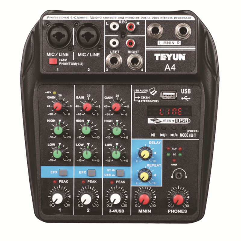 Teyun A4 4 Channel Bluetooth 4.0 Audio Mixer Mixing Console Sound Card 48V Phantom Power Trendha